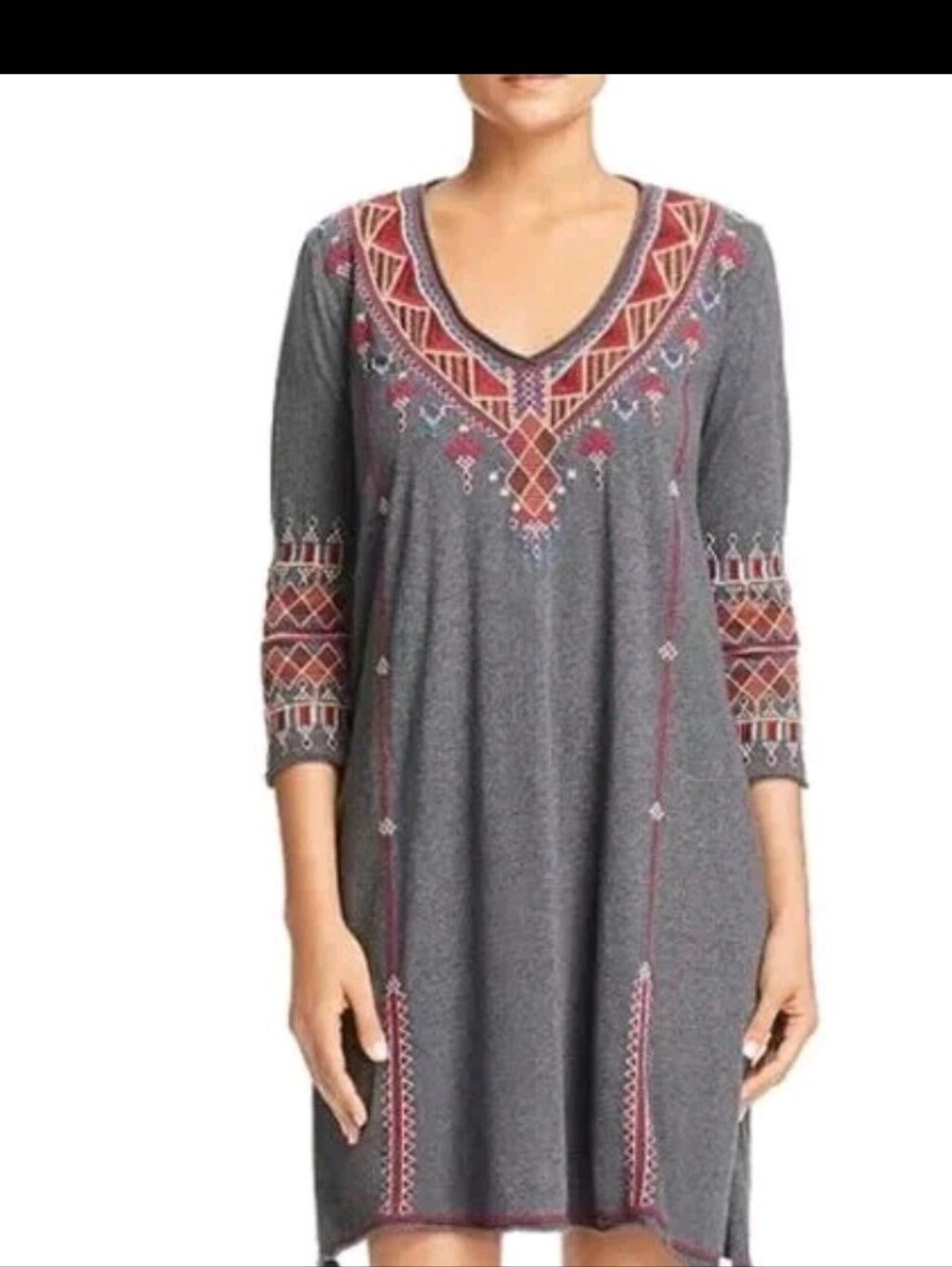 Johnny Was Marjan Embroidered tunjc Shift Dress 3/4 sleeve gray multicolored